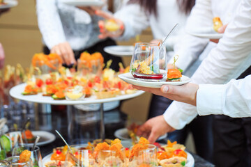 Food Buffet Catering Dining Eating Party Sharing Concept. people group catering buffet food - obrazy, fototapety, plakaty