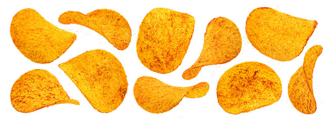 Spicy potato chips isolated on white background 