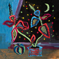 Gouache still life in black and blue tones. A flower in a jug on the background of a night window. A ball. The stars and the moon are visible. Minimalism. Abstract. Large strokes. On paper. Painting.