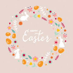 Happy Easter greeting card with wreath of flowers, brunches, Easter eggs and rabbit silhouettes. Vector illustration.