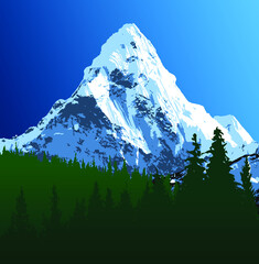 Mount Ama Dablam and woodland, mountain vector illustration - obrazy, fototapety, plakaty