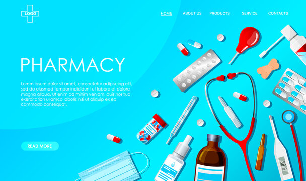 Online pharmacy site, digital drugstore, medical, medicine mobile application concept. Medication, stethoscope, thermometer, vaccine, drops, enema, patches, mask, blue background. Vector illustration