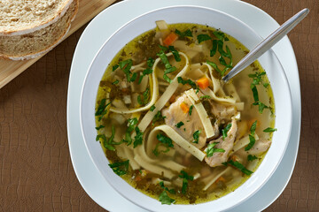 Warm chicken soup with vegetables and noodles