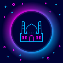 Glowing neon line Muslim Mosque icon isolated on black background. Colorful outline concept. Vector