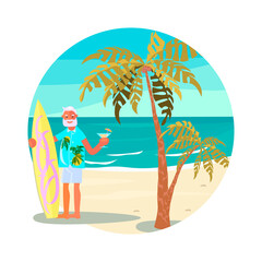 Elderly man character with surfboard and cocktail on a sea beach