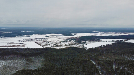 Winter landscape from above with forest and trees