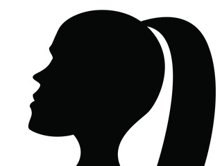 Vector graphics - black silhouette of a female head with a ponytail on her head in profile close-up. Concept - anonymous avatar