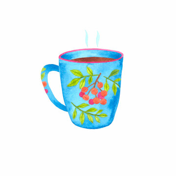 Watercolor cup of tea, blue with 
rowan branch,  isolated on white