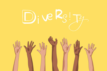 Raised human hands set. Multiracial people together. Diversity concept