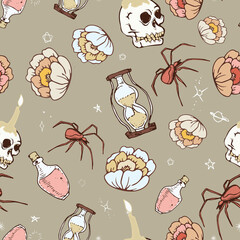 Mystical spooky Halloween seamless repeat pattern of skulls roses spiders and macabre elements. White, red, yellow and pink elements on a parchment tone background.