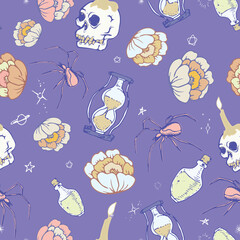 Mystical spooky Halloween seamless repeat pattern of skulls roses spiders and macabre elements. White, green, purple, and pink elements on a light purple background.