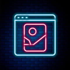 Glowing neon line Photo retouching icon isolated on brick wall background. Photographer, photography, retouch icon. Colorful outline concept. Vector