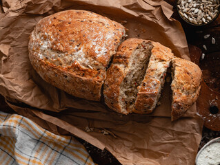 Sliced rye bread with a golden crust on a wooden board. Top view.