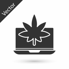 Grey Laptop and medical marijuana or cannabis leaf icon isolated on white background. Online buying symbol. Supermarket basket. Vector Illustration