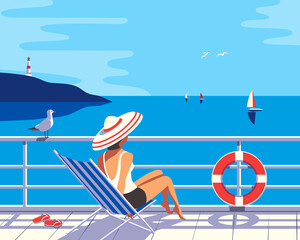 Women in sun hat on cruise vessel enjoy summer seaside landscape. Blue ocean scenic view background. Holiday vacation season sea travel leisure illustration. Sea sailing relax tourist vector poster - obrazy, fototapety, plakaty