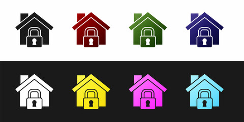 Fototapeta premium Set House under protection icon isolated on black and white background. Home and lock. Protection, safety, security, protect, defense concept. Vector
