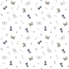 Fototapeta premium Seamless floral pattern with delicate abstract flowers and flying butterflies, watercolor illustration isolated on white background, print for textile or wallpapers.