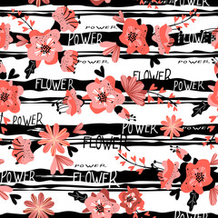 Typographic style seamless repeat pattern with abstract folk flowers pink colors on rough black  stripes endless background in Memphis style.Vector texture for printing on fabrics and paper.
