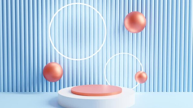 3D animation of a scene with a platform for a product, balls, and glowing circle.