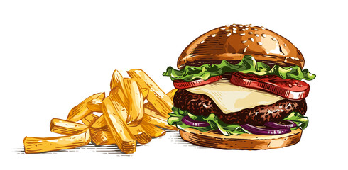 colour burger and french fries hand drawing sketch engraving illustration style - obrazy, fototapety, plakaty