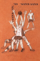 Drawing of rugby players on the field. Fight for the ball. In the background, the goalkeeper is visible in the goal. Faces are not visible. Drawing with crayons on brown paper.