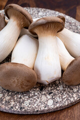 Tasty vegetarian food, fresh organic Pleurotus eryngii king trumpet mushrooms