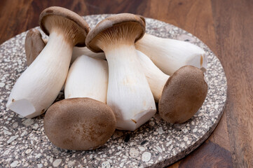 Tasty vegetarian food, fresh organic Pleurotus eryngii king trumpet mushrooms
