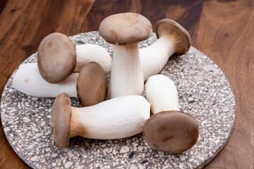 Tasty vegetarian food, fresh organic Pleurotus eryngii king trumpet mushrooms