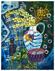 Gouache still life in dark blue-green tones. Vase with dried flowers, green apple, bottle, casket, blue and green drapery. On paper. Painting.