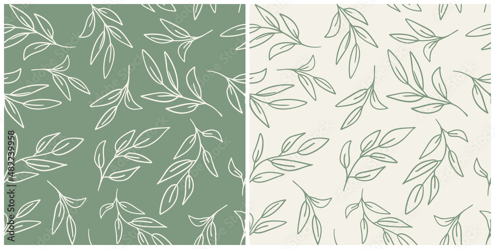 Wall mural set of leaves seamless repeat pattern. random placed, vector botany elements hand drawn all over sur