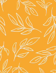 Fototapeta na wymiar White Vector Leaves Seamless Repeat Pattern. Random Placed, Vector Botany Plants All Over Print on Mango Orange Background.