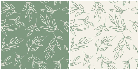 Set of leaves seamless repeat pattern. Random placed, vector botany elements hand drawn all over surface print on sage green and beige background.