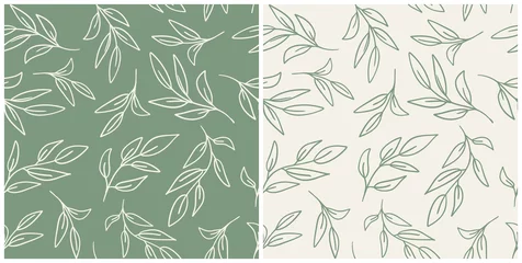 Set of leaves seamless repeat pattern. Random placed, vector botany elements hand drawn all over surface print on sage green and beige background.