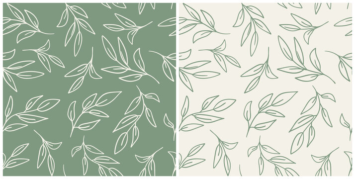Set of leaves seamless repeat pattern. Random placed, vector botany elements hand drawn all over surface print on sage green and beige background.