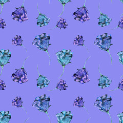 Floral seamless pattern made of roses. Acrilic painting with pink flower buds on purple Very peri background. Botanical illustration for fabric and textile. Decorative element for design.