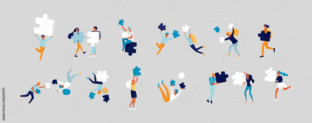 Wall mural Vector character business people with infographic of puzzle have solution. Goal thinking. Cooperation by group to create a team. Concept for web design Colorful flat concept