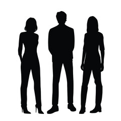 Vector silhouettes of  man and a women, a group of standing  business people, black  color isolated on white background