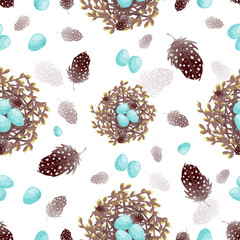 Seamless pattern with thrush bird nests and feathers. Vector graphics.