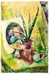 Watercolor drawing of a still life in green tons. On the table with a tablecloth there is a casket, on it a clay pot with flowers, a vase with fruit, a white jug, a drapery, a photograph of a person. 