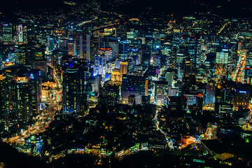 Panoramic high angle aerial view of downtown city center Seoul at night. south korea - september,...