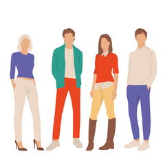 Obraz premium Set of young men and women, different colors, cartoon character, group of silhouettes of standing business people, students, the design concept of flat icon, isolated on white background