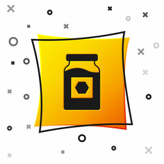 Black Jar of honey icon isolated on white background. Food bank. Sweet natural food symbol. Yellow square button. Vector