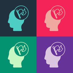 Pop art Hand holding flag icon isolated on color background. Victory, winning and conquer adversity concept. Vector