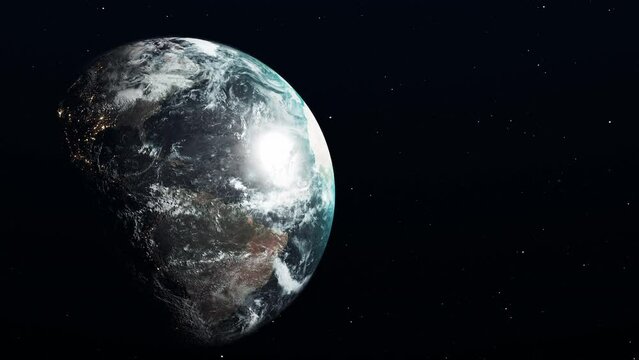 Day to night realistic Planet Earth from space, 4K, 3D rendering. The earth slowly rotates, Stars twinkle. City lights are scene on the night side. (Elements of this image furnished by NASA)