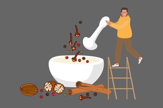 Ceramic or stone Mortar and pestle with speces. Tiny man holding pestle. Flavor cooking ingredients. Clove Spice, mix pepper Fragrant corns, nutmeg, cinnamon. Spicy hot condiment for cooking.