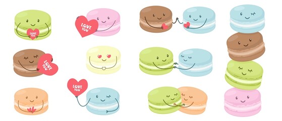 Vector set of characters. Lovers macaroons, cake characters. Cute macaroons are holding hands and holding valentines. Set of characters for Valentine's Day