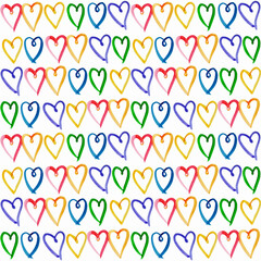 Romantic seamless pattern with multicolor  hearts  on a white background. Illustration for fabrics, dresses, interiors, bed textile, packaging, invitation, postcards, wedding