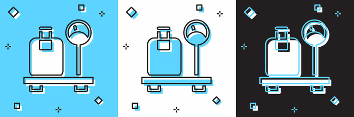 Set Scale with suitcase icon isolated on blue and white, black background. Logistic and delivery. Weight of delivery package on a scale. Vector