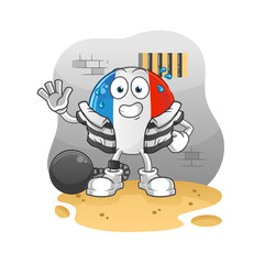 french flag criminal in jail. cartoon character