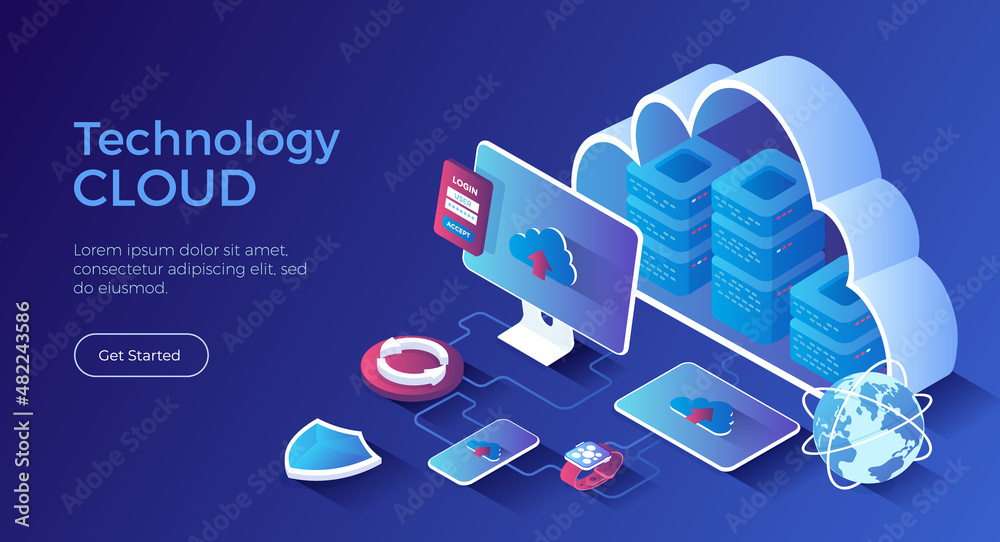 Wall mural cloud technology. big data processing center, cloud database, connecting information, storage, hosti